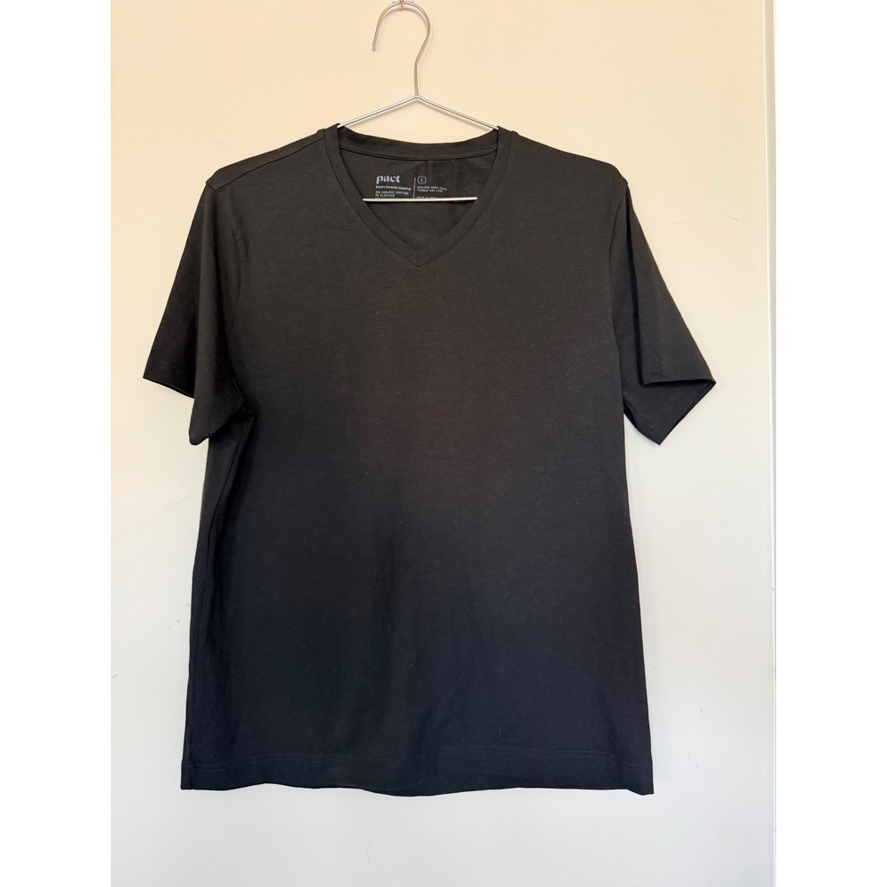 Pact Mens Organic Cotton V-Neck T-Shirt Black Short Sleeve Stretch Tee Size L